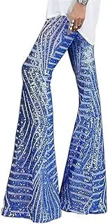 [DSAoTeng] Women High Waisted Wide Leg Sparkly Sequin Flared Pants-Vintage Shiny Loose Wide Leg Bell Bottoms for Disco Party Clubwear
