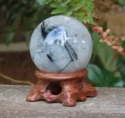 Black Tourmaline in Quartz Crystal Sphere With Wooden Display Stand 186 Grams