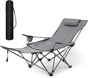 Dsocool Camping Chair Foldable Beach Chairs Adjustable High Back Lawn Chair Recliner Support 120KG with Cup Holder Pocket Carry Bag for Adult Outdoor Picnic Travel Fishing with Foot Pad (Grey)