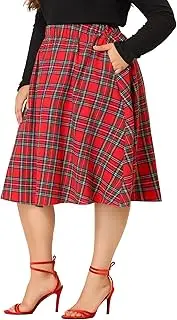 [Agnes Orinda] Plus Size Vintage Skirt for Women 2023 A-line Plaid Printed Flare Elastic High Waist Midi Skirts
