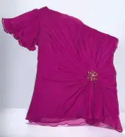 Tadashi Shoji Lipstick Pink Chiffon Silk Embellished One Shoulder Blouse Top 14
