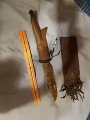 Hand forged bowie knife with antler handle and handmade leather scabbard