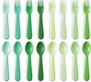 16 Pc Toddler Utensils Set - 8 Spoons 8 Forks for Kids, BPA Free Dishwasher Safe Reusable Plastic Silverware, Bright Colors Cutlery Set Children Flatware (GREEN)