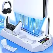 Cooling Station for PS5 Console with 3-Position Control Suction Cooling Fan, Dual Controller Charging Station, Includes: 3 USB hubs, Headset Holder, Fixing Screws(Not Fit 2023 PS5 Slim Versions)