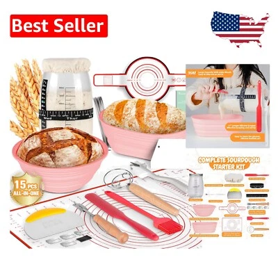 Complete Sourdough Baking Kit: 35oz Glass Jar & 15-Piece Pink Supply Set
