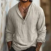 Men's Shirt Linen Shirt Popover Shirt Summer Shirt Beach Wear Solid Color Vacation Street Black Sky Blue Khaki Long Sleeve Collar Summer Spring Clothing Appare