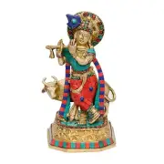 Brass Krishna Playing Flute Idol with Kamdhenu Cow Figurine Sculpture 9.6 inches