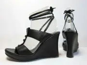 6.5 37 4 Stephane Kelian Black Leather Platform Wedge Studded Anklewrap Sandals