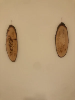 Vintage Matching Pair Chinese Oval Feng Shui Pyrography Wood Slab Oval Plaque