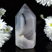 Blue Druzy Agate Crystal Tower Obelisk Point, Druzy Agate Tower