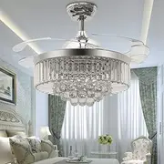 Reversible Retractable Ceiling Fans with LED Light and Remote, 42 Inch Invisible Ceiling Fan Chandelier with 4 Clear ABS Blades, Bedroom Fandelier Indoor Crystal Ceiling Light Kits with Fans (Chrome)