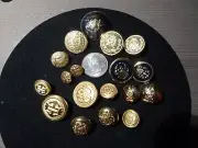 18 ASSORTED GOLDTONE METAL CREST BUTTONS -5/8" - 1 1/4" DIAMETER