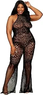 [Dreamgirl] Seamless Crochet Lace Bodystocking with Fishnet Flair Hem Bellbottom Legs, Black, One Size