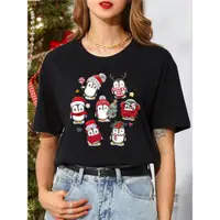 在飛比找ETMall東森購物網優惠-企鵝貓頭鷹印花黑色T恤圣誕