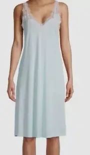 $180 Natori Women's Blue Enchant Lace Trim Satin Slip Nightgown Sleepwear Size S