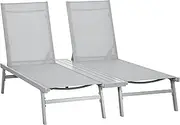 Outsunny Chaise Lounge Pool Chairs Set of 2, Aluminum Outdoor Sun Tanning Chairs with Five-Position Reclining Back, Shelf & Breathable Mesh for Beach, Yard, Patio, Light Gray