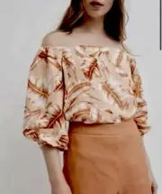 New Tags - WITCHERY Size 8 Or S Deep Tan Leaf Print Off Shoulder Linen Blend Top