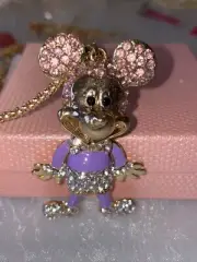 Betsey Johnson Necklace Mickey Mouse Gold Crystals Purple Legs Move Gift Box Bag