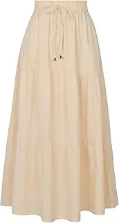 [Generic] Women's Cotton Linen Long Maxi Skirt Dress Boho Style Elastic Waist A-Line Skirt Casual High Waist Tiered Flowy Skirt