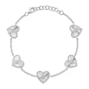 14K White Gold Diamond Heart Bracelet Fluted Bezel Natural Round Cut 0.10 CT