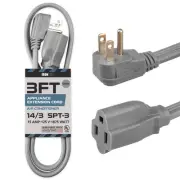 3 ft Appliance Extension Cord Gray 14/3 Heavy Duty - Flat Plug & Flat Cable 1...