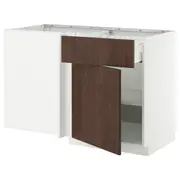METOD / MAXIMERA corner base cab w drawer and shelf, white/Sinarp brown, 128x68x80 cm