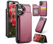 For iPhone 16 Durable Kickstand Back Card Holder Phone Case Wallet Cover - Red