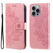 For iPhone 16 Pro Max Case, PU Leather Mandala Cover, Rose Gold