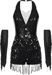 [Riismen] Women's Sequins Jazz Latin Dance Costume Halter Fringe Rumba Salsa Dance Leotard with Gloves Outfits