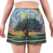 [RPLIFE] Starry Night Beautiful Tree Blue Ladies Sleep Shorts, Cute Trendy Boxer Shorts for Women, Ladies Summer Pajamas