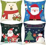 Christmas Pillow Covers, 45 x 45 CM Set of 4 Farmhouse Christmas Decorations Snowman Wreath Santa Claus Tree Merry Xmas Holly Jolly Winter Holiday Decor Throw Cushion Case for Couch (Xmas-E)