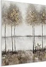 Yihui Arts Hand Painted Tree Painting on Rustic Canvas with Gold Foil Accents - Vertical Landscape Artwork for Farmhouse, Living Room, Bedroom, and Hallway Decor