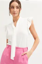 White Tie Front Ruffle Sleeve Top - Size 14, Women's Shirt