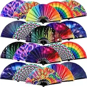 FairySandy 20 Pcs Rave Fans Bulk Large Rave Folding Hand Fans with Bamboo Ribs for Men Women, Chinese Japanese Rainbow Handheld Fan with Fabric Case for Drag Queen Dance Music Festival Club Party