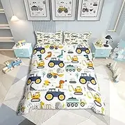 Boys Cartoon Car Bedding Set 135 x 200, Children's Construction Vehicles Comforter Cover for Child Toddler Teens, Dinosaur Duvet Cover, Tractor Machinery Digger Duvet Cover, Truck Cars Bed Linen