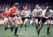Trevor Ringland of the British Lions runs outside Patrick Esteve - Old Photo