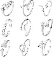[Kotkiddy] 9-Piece Silver Toe Rings Set for Women, Open Hoop, Adjustable, Non-Weathering Toe Ring, Beach Foot Jewellery for Summer, L