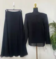NWT Adrianna Papell Black Chiffon Beaded Neckline 2Pc Skirt & Top Suit Size L/14