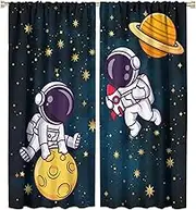 Astronaut Window Curtains for Kids, Funny Spaceman Moon Planet Window Treatments for Boys Bedroom Cartoon Galaxy Outer Space Starry Star Blockout Window Drapes for Living Room Playroom 42x45in