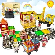 SPANKAR Magnetic Tiles Road Set for Kids, STEM Building Toys W/Extendable Crane,City Construction Magnetic Blocks,Montessori Toys for Toddlers, Gift Toy for 3 4 5 6 Year Old Kids & Boys & Girls