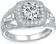 [Bling Jewelry] Personalize Vintage Antique Art Deco Style AAA CZ Pave Halo Square Cushion Cut Solitaire Engagement Ring For Women .925 Sterling Silver Split Baguette Side Stone Milgrain Edge Band Customizable