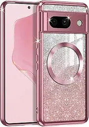 [Casetego] for Google Pixel 8A Case,Compatible with MagSafe,Glitter Sparkle Magnetic Plated Slim Shockproof Soft TPU Bumper Full Protection Case for Google Pixel 8A,Rose Gold