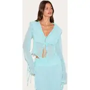 Aqua Chiffon Ruffle Tie Front Blouse, Aqua