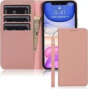 FROLAN for iPhone 11 Pro Max Wallet Case with Credit Card Holder Slot Genuine Leather Premium Cow Leather Magnetic Flip Folio Drop Protection Shockproof Cover for iPhone 11ProMax 6.5 Inch (Pink)