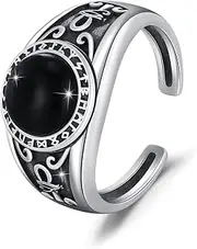 [YueYuan] Ankh Ring 925 Sterling Silver Onyx Ring Egyptian Jewellery Amulet Ring Oxidised Silver Vintage Style Ring Ankh Jewellery for Men Women Ring, Sterling Silver, Onyx