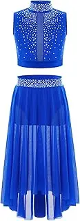 [TiaoBug] Kids Girls Ballet Lyrical Dance Costumes Shiny Rhinestones Crop Top with Skirted Leotard 2-Piece Dance Outfits