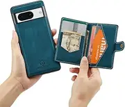 GoshukunTech Google Pixel 8 Case, Detachable Card Slots PU Leather Magnetic Back Shell Cover for Pixel 8 5G - Blue-Green