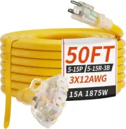 Lighted 50 FT Heavy-Duty Extension Cord - 3 Weatherproof Outlets for Outdoor Use