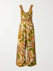 [Farm Rio] Farm Rio - Belted Shirred Printed Linen-blend Jumpsuit - Beige - small small Neutrals