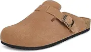 [Intini] Womens Suede Clogs Mens Leather Mules Cork Footbed Sandals with Arch Support, Light Brown, 14 Women/13 Men